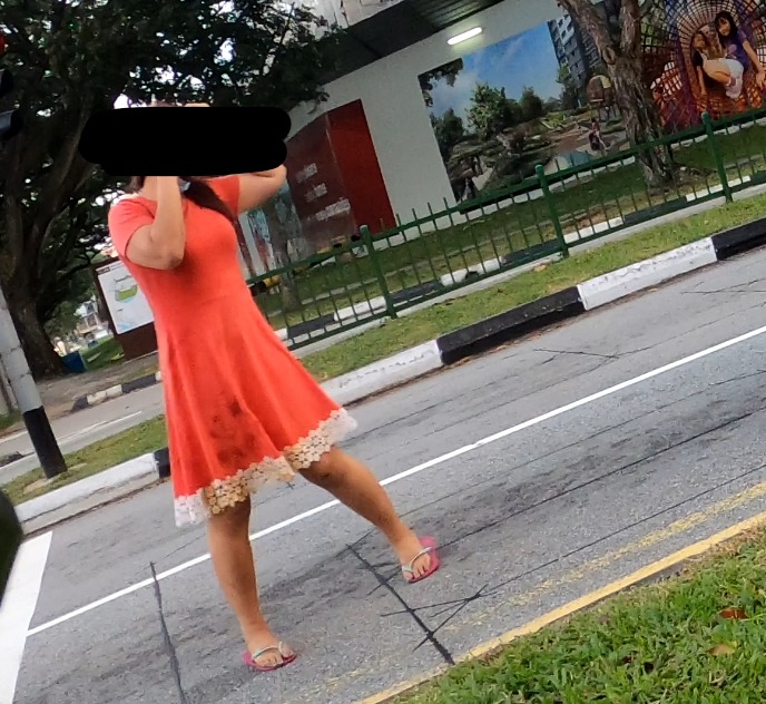 Drunk woman in red vomit-stained dress standing in middle of road.